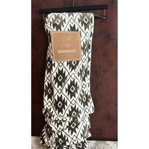 Soft & Cozy Velvet Plush Blanket Twin Southwestern Geometric Olive Green‎ Cream